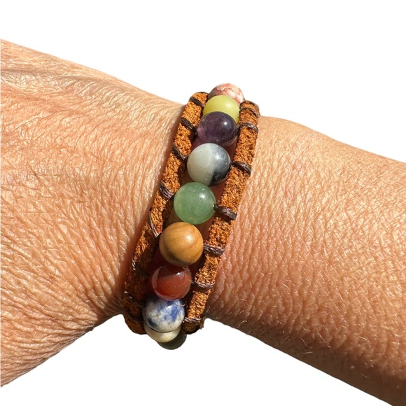 Colorful Glass Bead and Leather Boho Bracelet - Picture 1 of 5